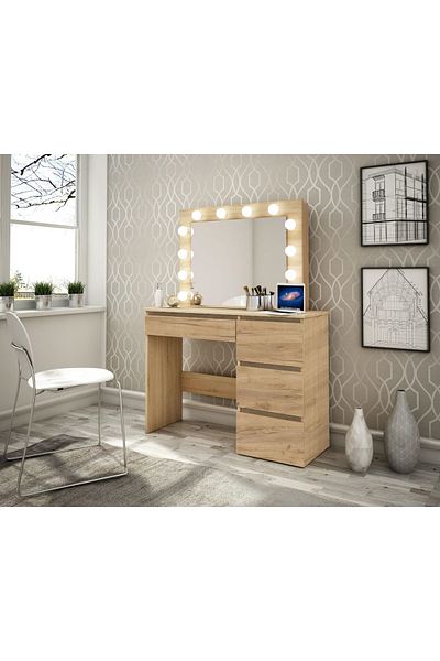 JollyMag Masa de toaleta/machiaj, stejar wotan, cu oglinda si LED-uri, 94x43x141 cm