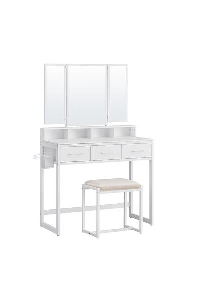 JollyMag Dressing table/makeup table, Artool, white, with 3 mirrors, stool, 3 drawers, 90x40x141 cm