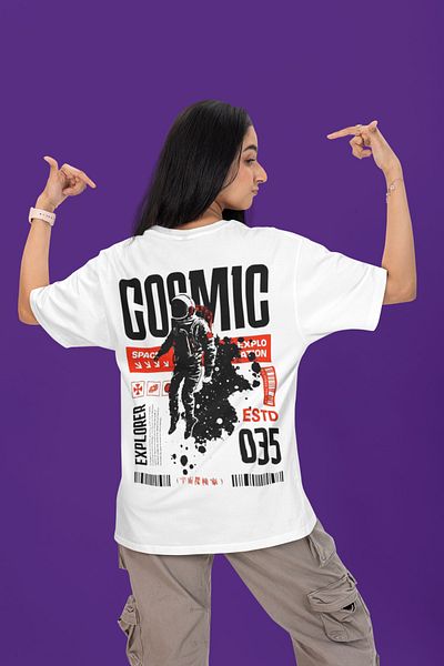 MAGORS Cosmic Astronaut Printed Unisex Oversize Cut 100% Cotton Soft Textured Crew Neck White T-Shirt