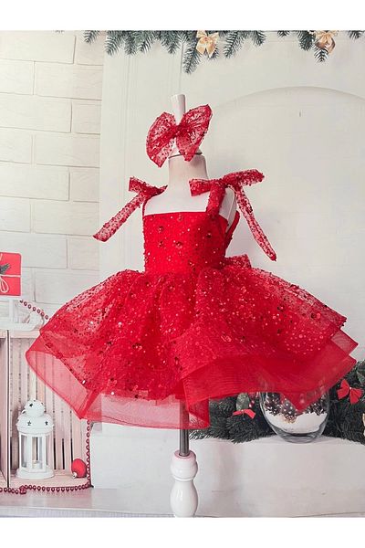 Nissa Red Strap Square Collar Girl's Dress Evening Dress