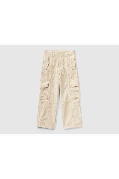 United Colors of Benetton Girls' Wide-Leg Corduroy Pants with Cargo Pocket