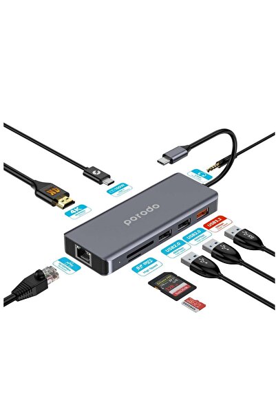 porodo موزع USB-C 9 في 1، نوع C، PD، 100 واط، HDMI، إيثرنت، USB، بطاقة SD، 3....