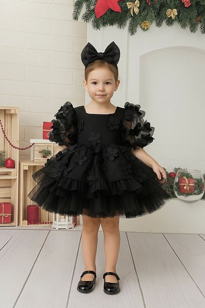 Nissa Black Floral Patterned Girl's Dress with Piping