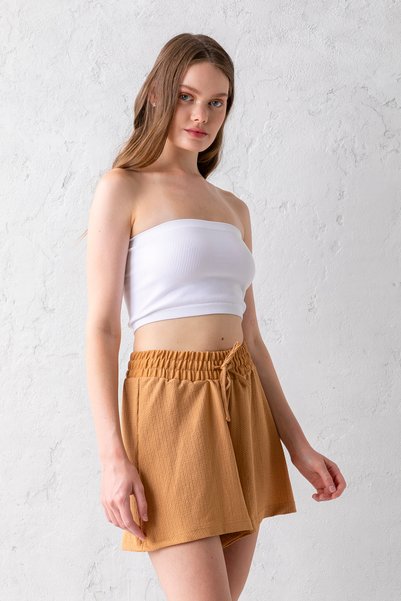 CNRCollection Women's Mink Comfortable Cut Elastic Waist Lace up Regular Waist Wrinkle Textured Knitted Shorts