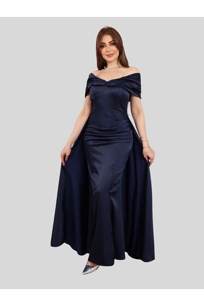 Nice Model Navy Blue Off-Shoulder Evening Gown with Draped Bodice - Elegant Formal Dress for Special Events