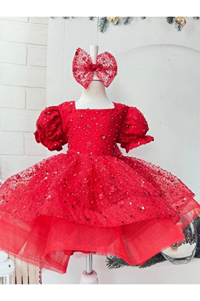 Nissa Red Stone Square Collar Girl's Dress Evening Dress