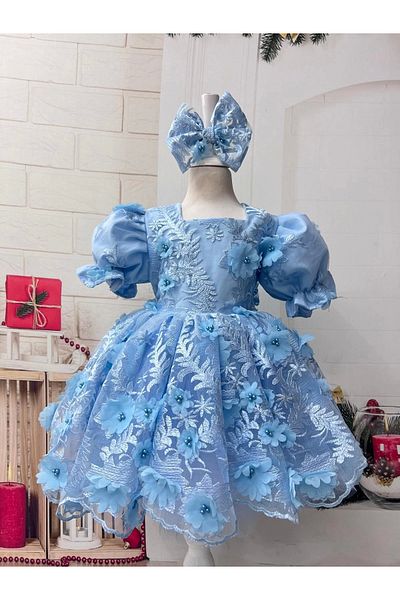 Nissa Blue Lace Floral Princess Dress Evening Dress
