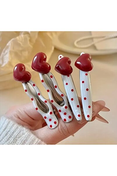 ABETE Kırmızı Puantiyeli Kalpli Düz Saç Tokası 2 Adet Özel Tasarım