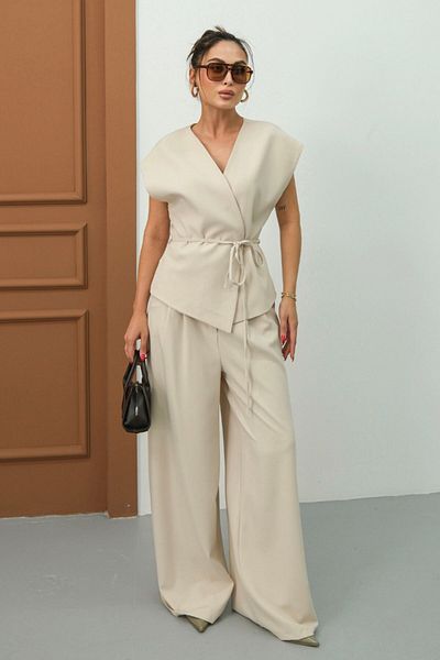 spirituel Women's Double Bottom Top Suit Lace-Up Loose Cut Flowy Summer Short Sleeve Kimono Jacket Palazzo Pants