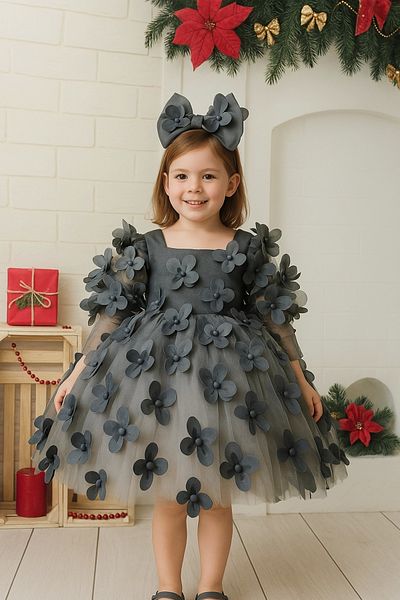 Nissa Gray Floral Patterned Girl's Dress with Piping