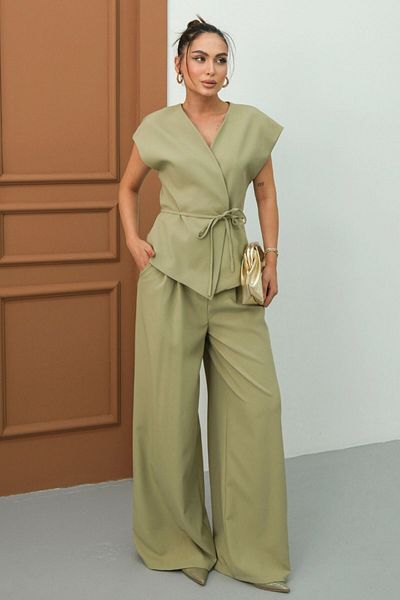 spirituel Women's Double Bottom Top Suit Lace-Up Loose Cut Flowy Summer Short Sleeve Kimono Jacket Palazzo Pants