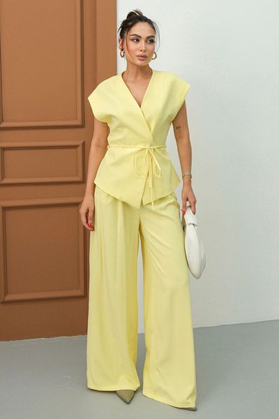 spirituel Women's Double Bottom Top Suit Lace-Up Loose Cut Flowy Summer Short Sleeve Kimono Jacket Palazzo Pants