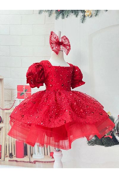 Nissa Red Stone Square Collar Girl's Dress Evening Dress