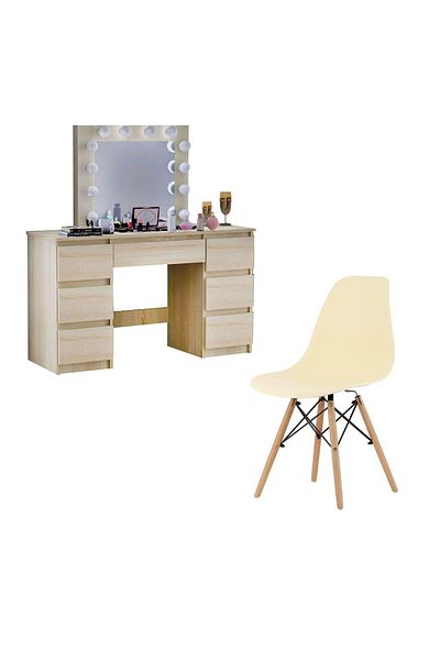 JollyMag Dressing table/makeup table + Scandinavian style chair, Artool, Vanessa, oak, with mirror and LEDs