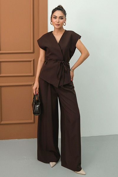spirituel Women's Double Bottom Top Suit Lace-Up Loose Cut Flowy Summer Short Sleeve Kimono Jacket Palazzo Pants