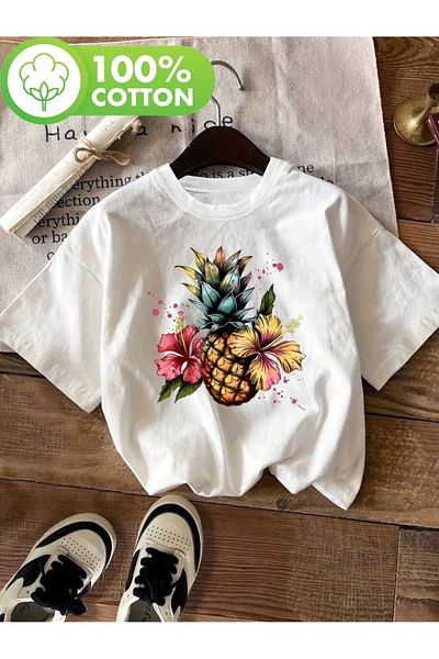 AEMİ Unisex Pine Apple Pineapple Printed Oversize Crew Neck T-Shirt