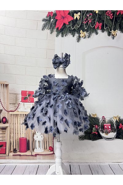 Nissa Gray Floral Patterned Girl's Dress with Piping