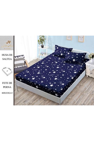 FIONNA.RO Satin Cotton Elastic Pillowcase and Pillowcases 180x200cm - Blue with White Stars