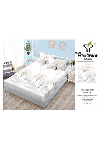FIONNA.RO Duvet Cover with Elastic and Pillowcases 160X200cm - White with Trees and Mountains