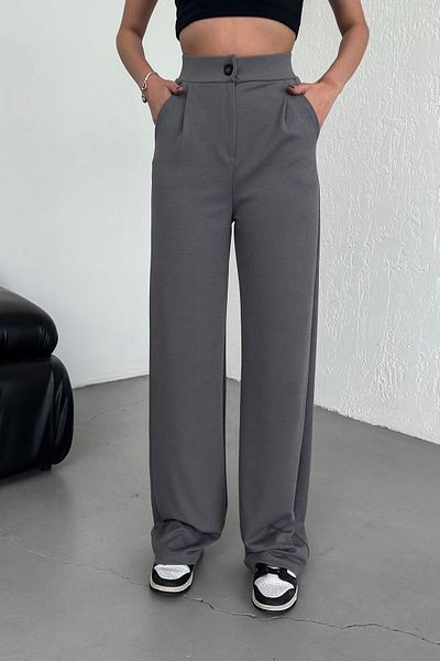 Alos Women's Gray Buttoned Pleated High Waist Lycra Crepe Fabric Comfortable Fit Palazzo Pants