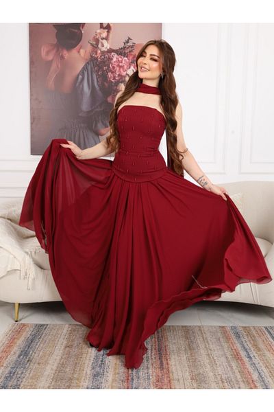 Nice Model Burgundy Halter Neck Maxi Dress with Stone Details - Evening Prom Formal Long Dress
