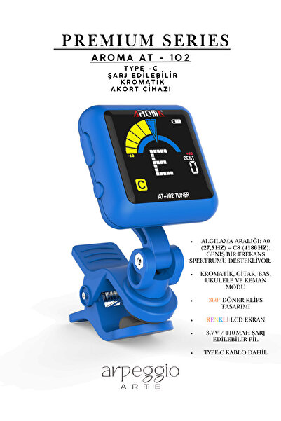 arpeggio ARTE Aroma (TYPE-C Şarjlı) Klipsli Akort Cihazı – Gitar, Bas, Ukulele ve Keman için Kromatik Tuner