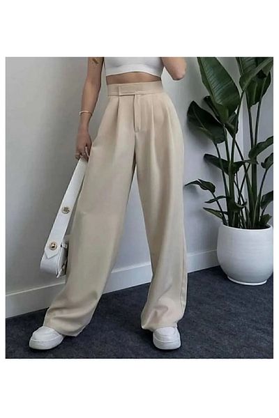 QUMRULİFE Cream Plazo Wide Leg Pants Without Pockets