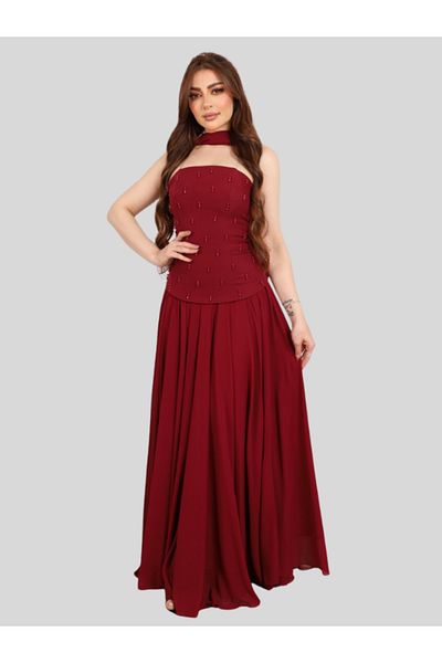 Nice Model Burgundy Halter Neck Maxi Dress with Stone Details - Evening Prom Formal Long Dress
