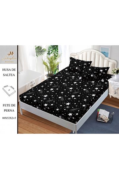 FIONNA.RO Satin Cotton Elastic Pillowcase and Pillowcases 180x200cm - Black with White Stars