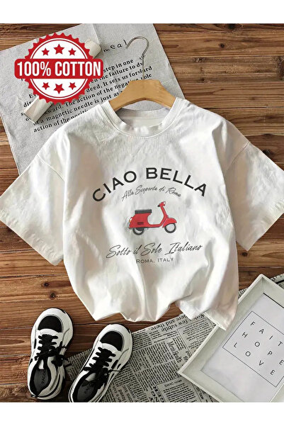 AEMİ Unisex Ciao Bella Hello Lovely μπλουζάκι με στάμπα με υπερμεγέθη λαιμόκοψη