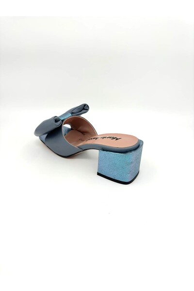 Mariolucci Kadın Günlük Topuklu Terlik Yumuşak Fiyonk Hakiki (Metalik Mavi) Açık Füme Mavi Deri