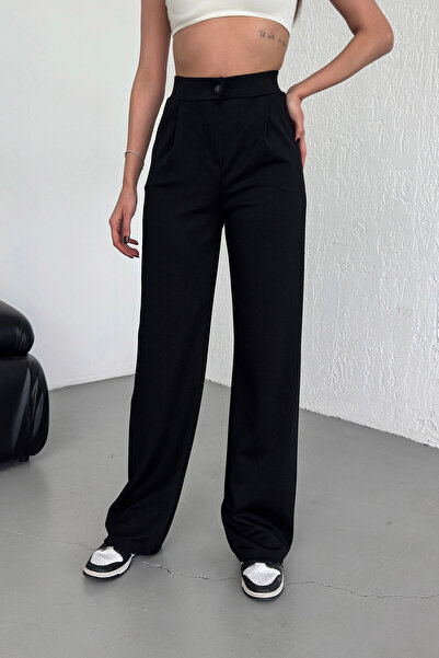 Alos Kadın Siyah Düğmeli Pileli Yüksek Bel Likralı Krep Kumaş Rahat Kalıp Palazzo Pantolon