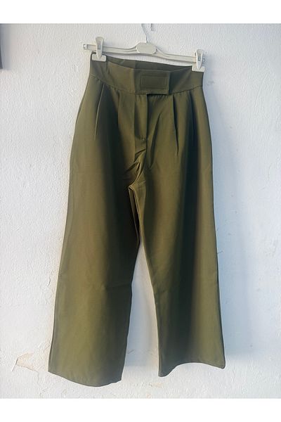 QUMRULİFE Grass Green Pocketless Velcro Closure Loose Leg Plazo Pants