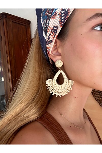 MERJANN Accesories Doğal Hasır Görünümlü Keten Sallantılı Bohem Küpe