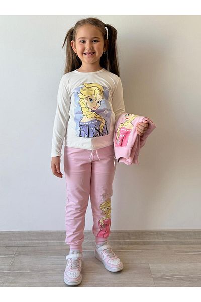 LİLLYPİCCA Set de 3 piese pentru fete Hanorac cu mânecă lungă Cardigan cu fermoar imprimat Pantaloni din bumbac pieptănat cu talie elastică