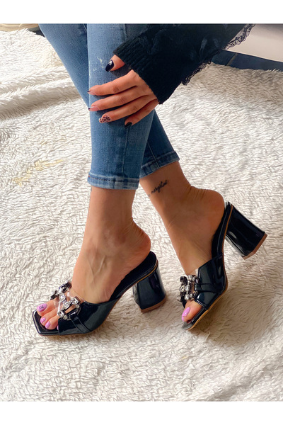 BERFONA Berfi̇ Black Rugan Stone 7 cm Heel Slippers