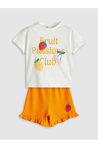 LC Waikiki Ecru Combed Cotton Printed Girl's T-Shirt and Shorts 2-Piece