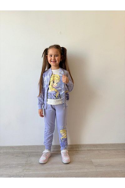 LİLLYPİCCA Set de 3 piese pentru fete Hanorac cu mânecă lungă Cardigan cu fermoar imprimat Pantaloni din bumbac pieptănat cu talie elastică