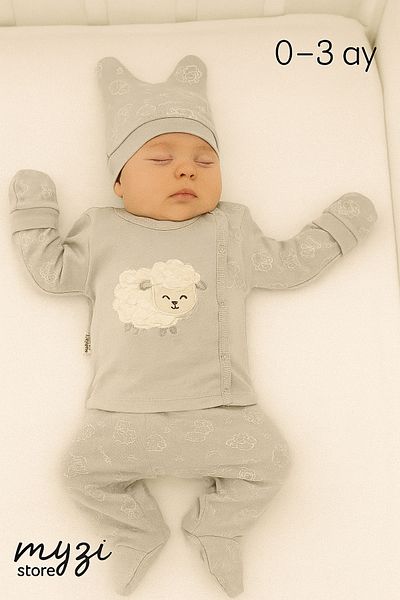 MYZİ STORE Organic Cotton 3-Piece Baby Set (0-3 Months) – Hat, Top and Bottom Wear – Unisex