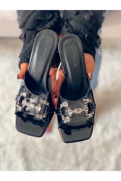 BERFONA Berfi̇ Black Rugan Stone 7 cm Heel Slippers