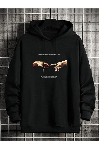 Boi Michelangelo Pursuing Dreams Printed Unisex Oversize Black Hooded Kangaroo Pocket Sweatshirt