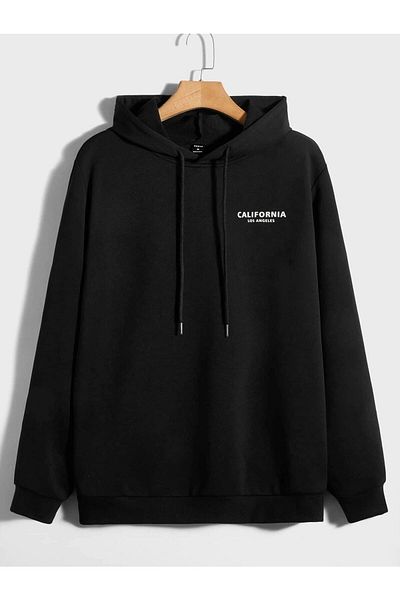 Boi California Los Angeles Printed Unisex Oversize Black Hooded Kangaroo Pocket Sweatshirt