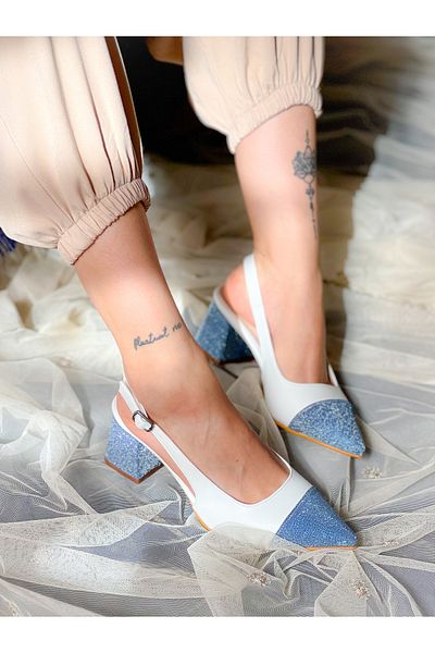 BERFONA Cinderella White Leather Blue Glitter Detail 5 cm Heel Sandals