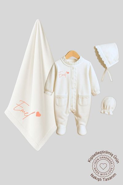Minytrendy Baby Girl Name Embroidered Newborn Jumpsuit with Blanket Hospital Release Mevlüt Gift Baby Set