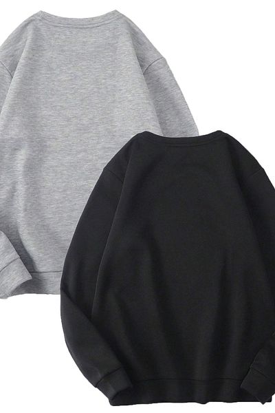 Boi 2 τεμαχίων Basic απλό φούτερ - Μαύρο γκρι Oversize φούτερ Crew Neck