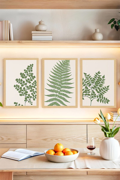 kutuTR 🌿 Yeşil Yaprak Temalı Çerçeve Görünümlü 3'lü Tablo Seti 🌟 CRVS1171