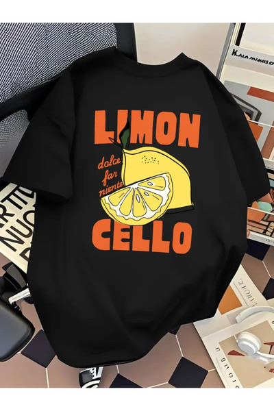 AEMİ Tricou unisex Lemon Cello Dolce Fan Niente cu decolteu oversize imprimat