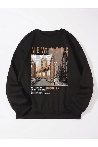 Boi New York Nyc Printed Unisex Oversize Μαύρο φούτερ με λαιμόκοψη