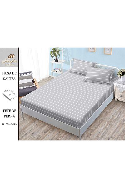 FIONNA.RO Satin Cotton Elastic Pillowcase 180x200cm - Grey with White Stripes