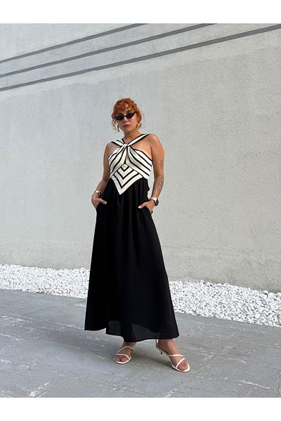Bak'ap Premium Trend Halter γιακάς Μαύρο Λευκό Μάξι Φόρεμα με τσέπες